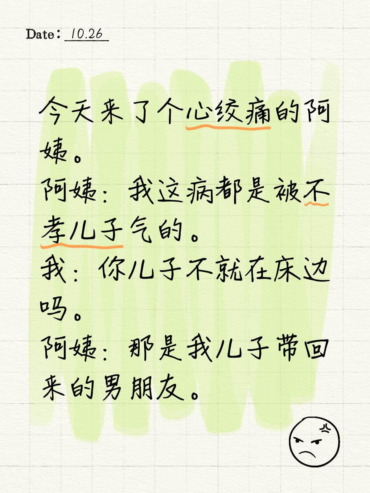 Date:10.26今天来了个心绞痛的阿姨。阿姨：我这病都是