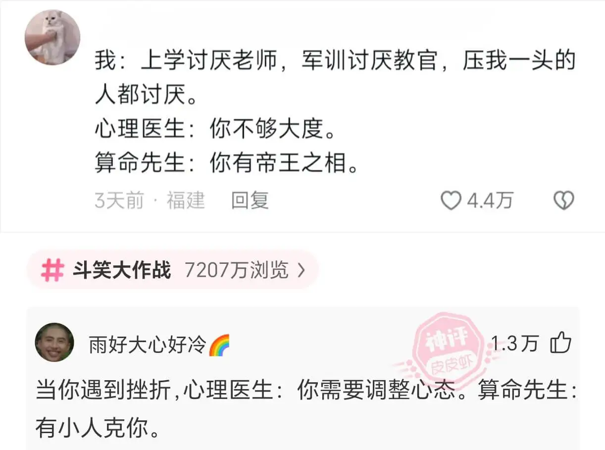 我:上学讨厌老师,军训讨厌教官,压我一头的人都讨厌。心理医生