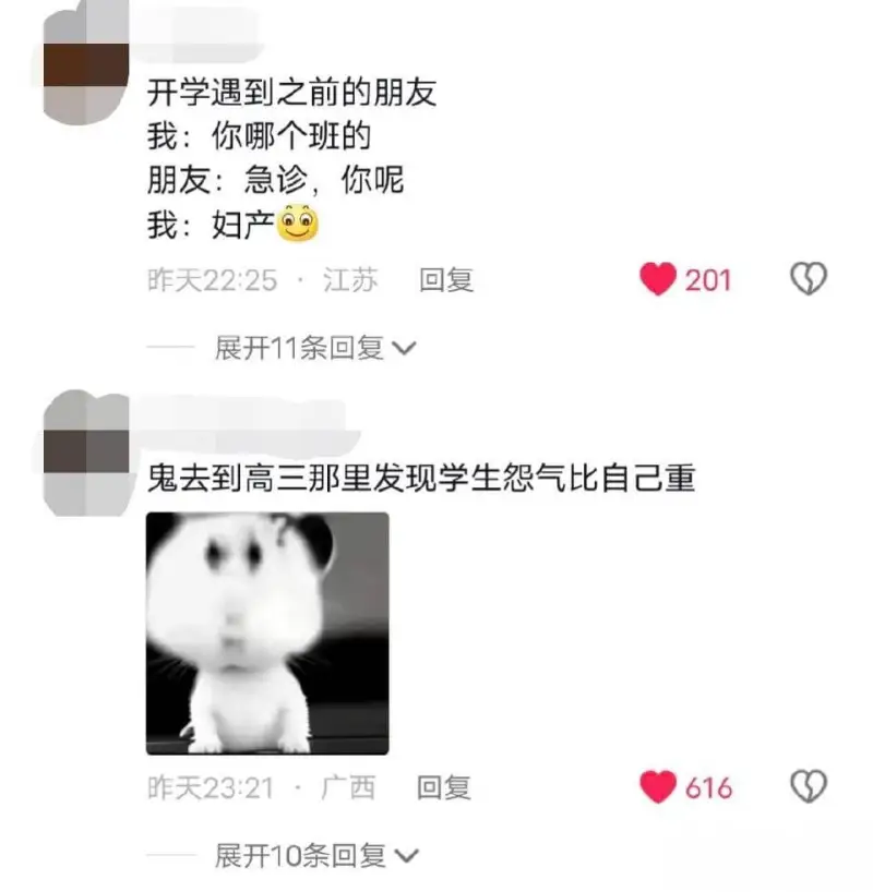 开学遇到之前的朋友我:你哪个班的？朋友:急诊，你呢？我:妇产