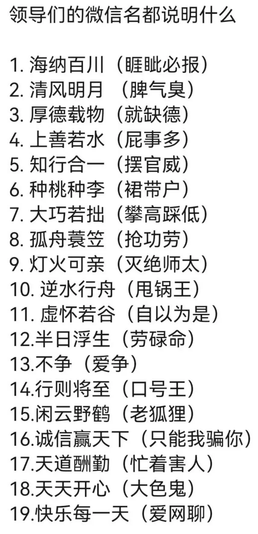 领导们的微信名都说明什么1.海纳百川（眶毗必报）2.清风明月