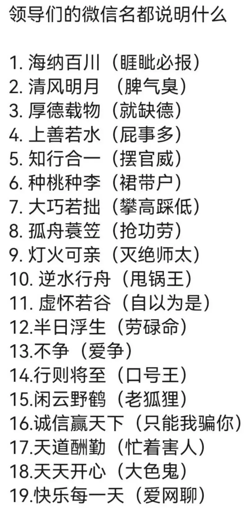 领导们的微信名都说明什么1.海纳百川（眶毗必报）2.清风明月