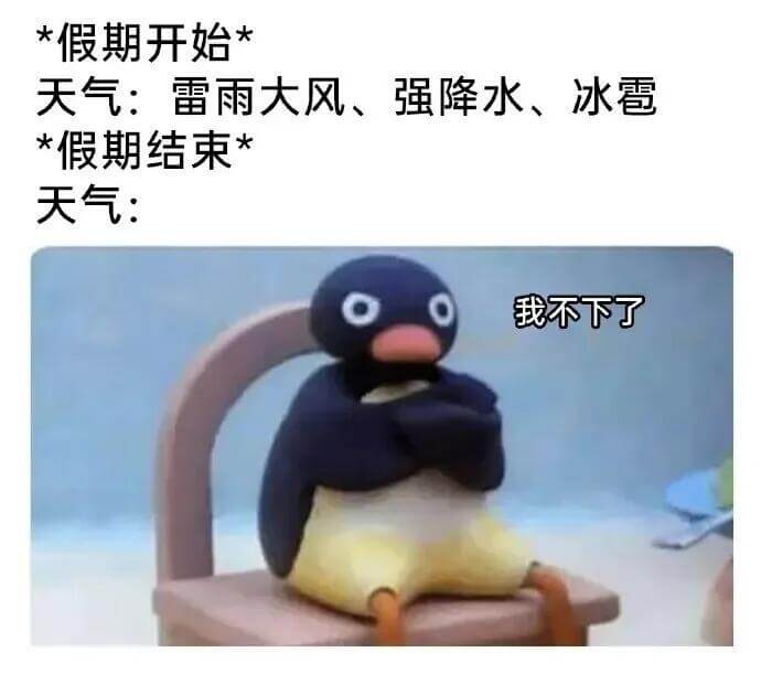 *假期开始*天气：雷雨大风、强降水、冰雹*假期结束*天气：我