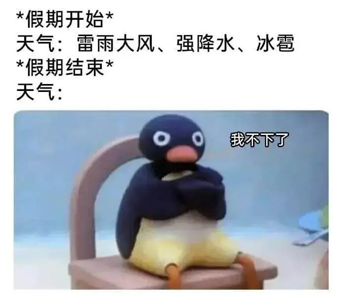 *假期开始*天气：雷雨大风、强降水、冰雹*假期结束*天气：我