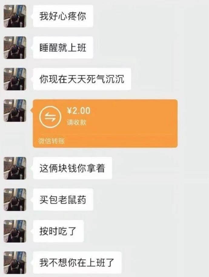 我好心疼你，睡醒就上班。你现在天天死气沉沉。请收款：微信转账