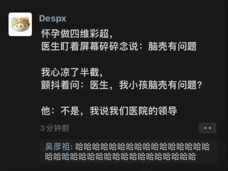 Despx怀孕做四维彩超，医生盯着屏幕碎碎念说：脑壳有问题。