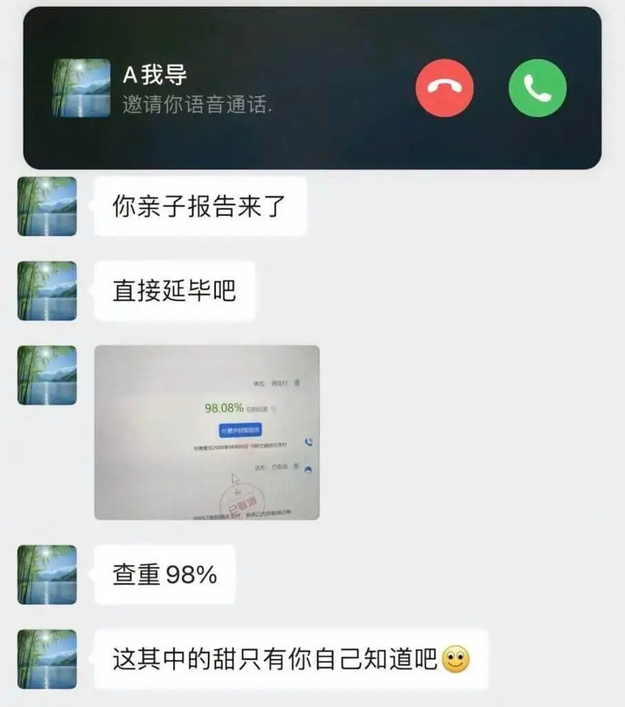 A我导邀请你语音通话你亲子报告来了直接延毕吧98.08%查重