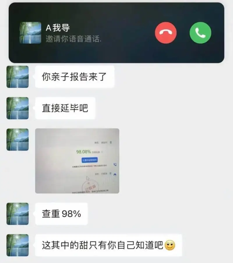 A我导邀请你语音通话你亲子报告来了直接延毕吧98.08%查重