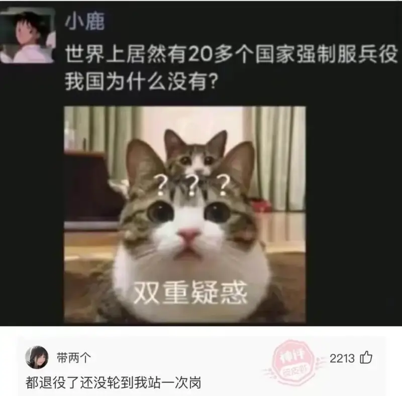 小鹿世界上居然有20多个国家强制服兵役我国为什么没有？双重疑