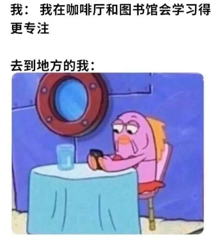 我：我在咖啡厅和图书馆会学习得更专注去到地方的我：