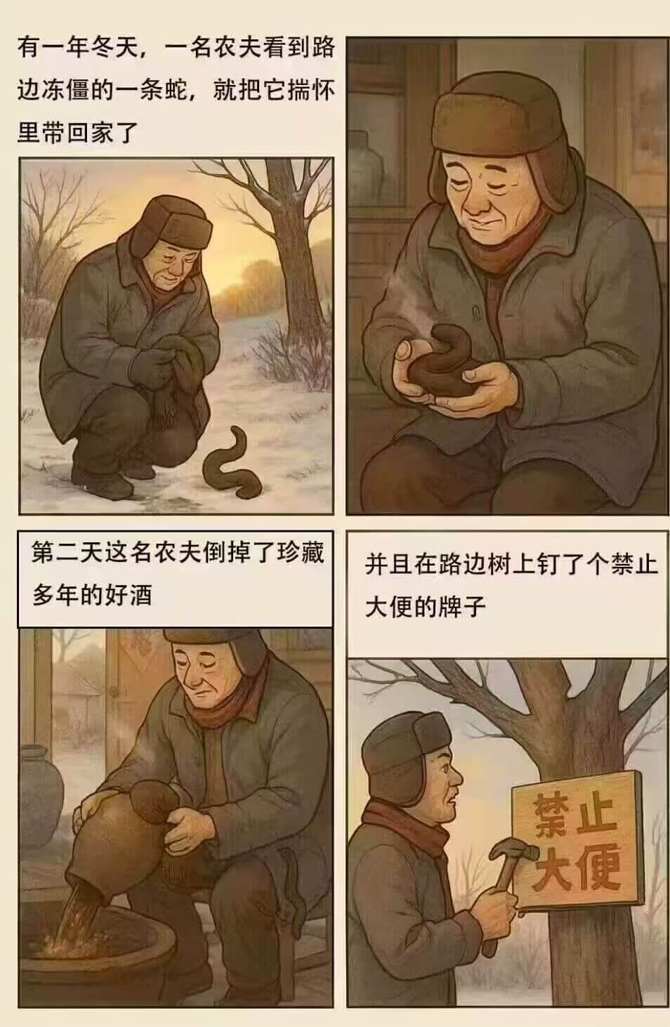 有一年冬天，一名农夫看到路边冻僵的一条蛇，就把它揣怀里带回家
