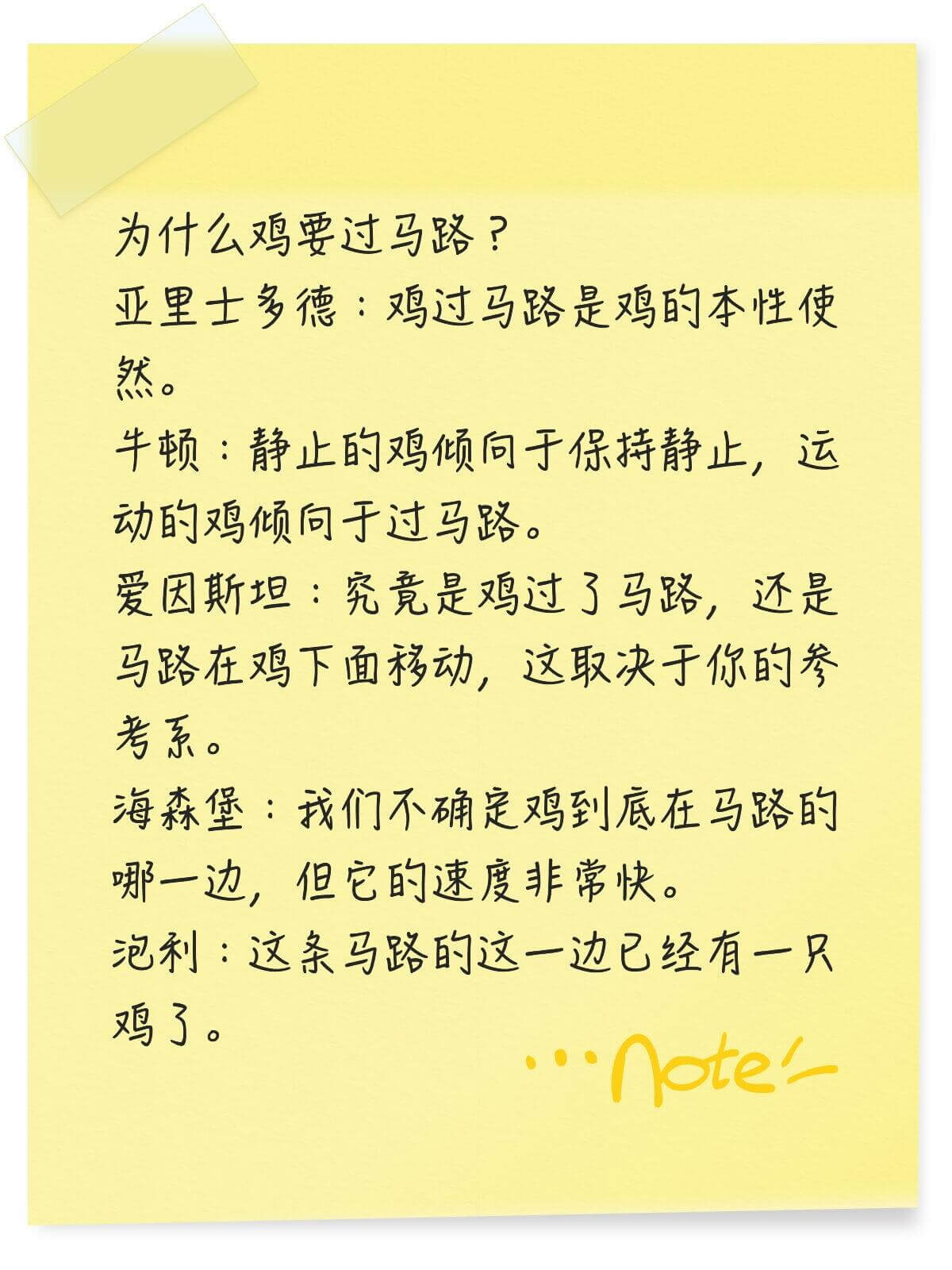 为什么鸡要过马路？亚里士多德：鸡过马路是鸡的本性使然。牛顿：