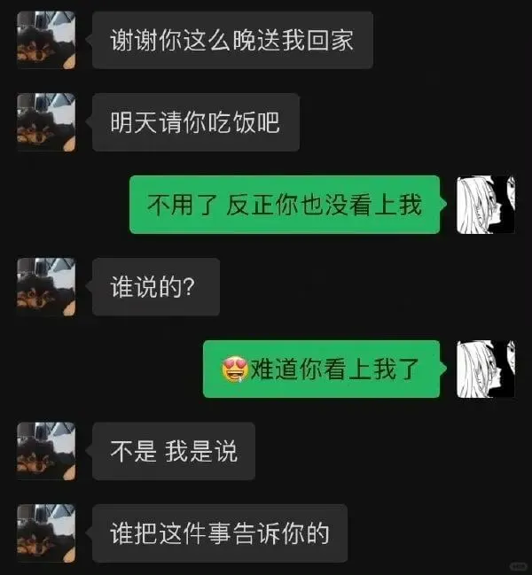 谢谢你这么晚送我回家明天请你吃饭吧不用了，反正你也没看上我。