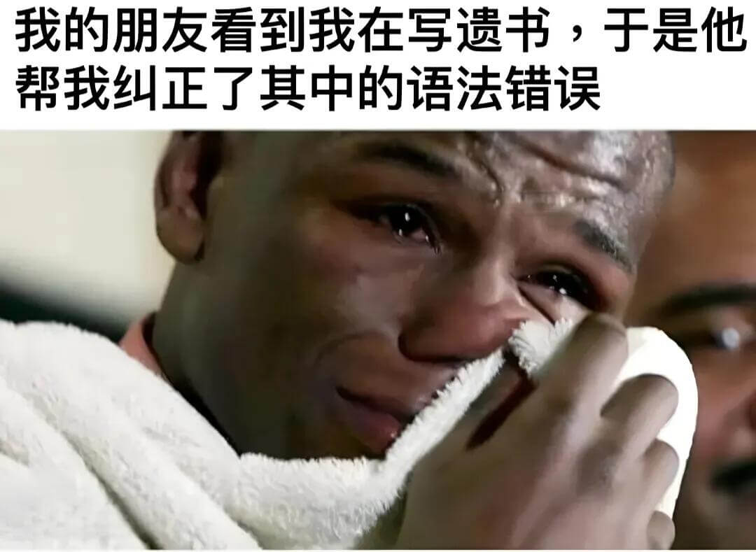 我的朋友看到我在写遗书，于是他帮我纠正了其中的语法错误。