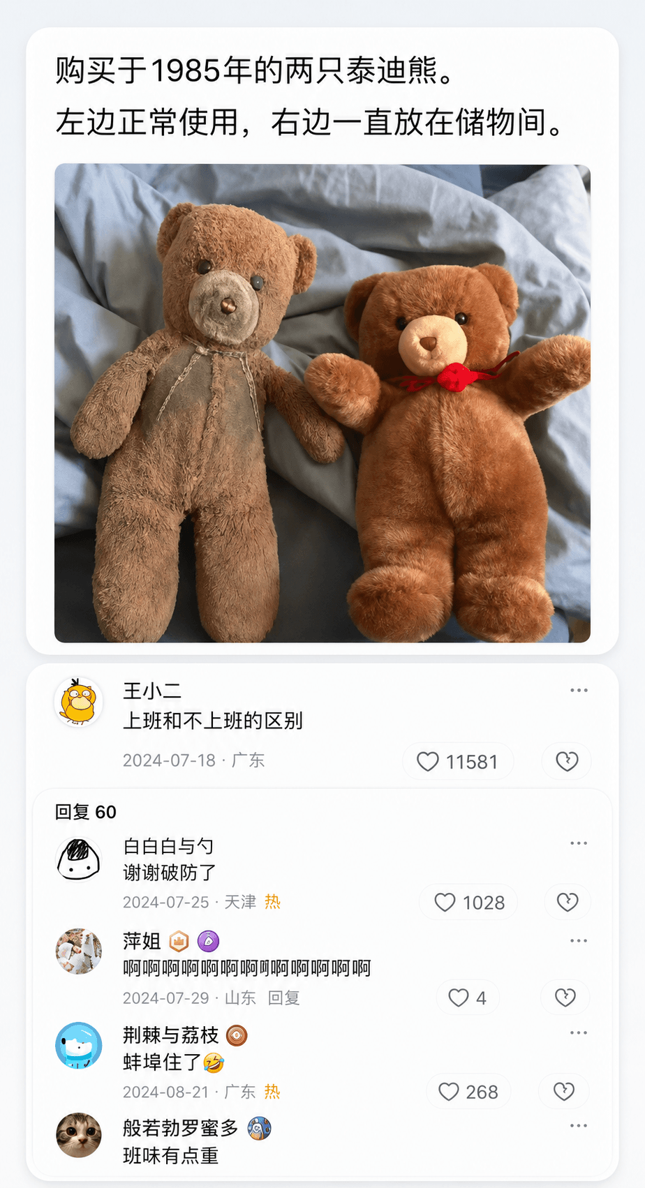 购买于1985年的两只泰迪熊。左边正常使用,右边一直放在储物