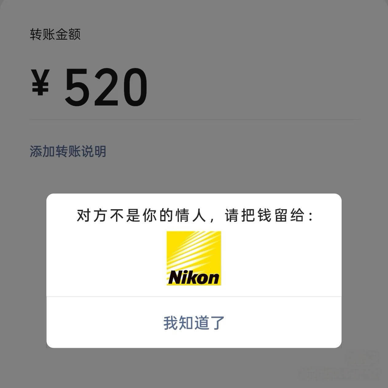 转账金额：520添加转账说明：对方不是你的情人，请把钱留给N