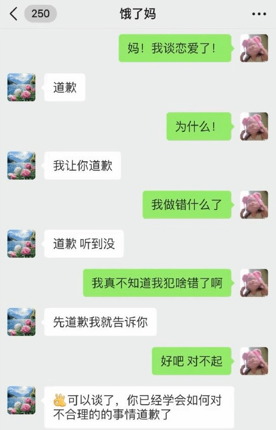 250饿了妈！妈！我谈恋爱了！道歉！为什么！我让你道歉！我做