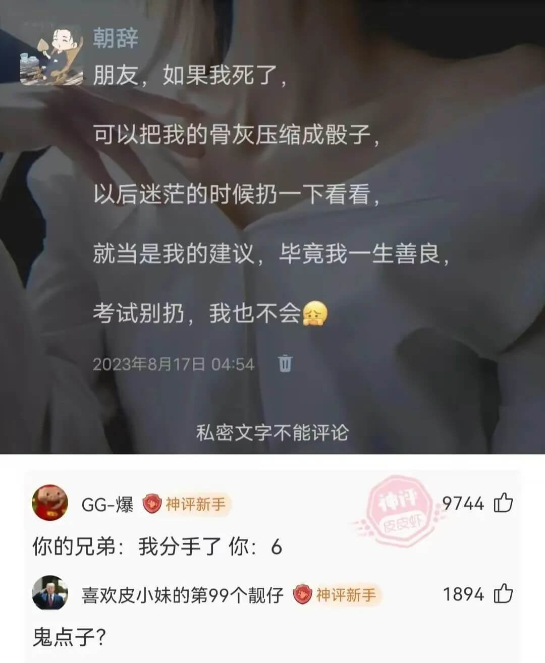 朝辞朋友，如果我死了可以把我的骨灰压缩成殷子以后迷范的时候扔