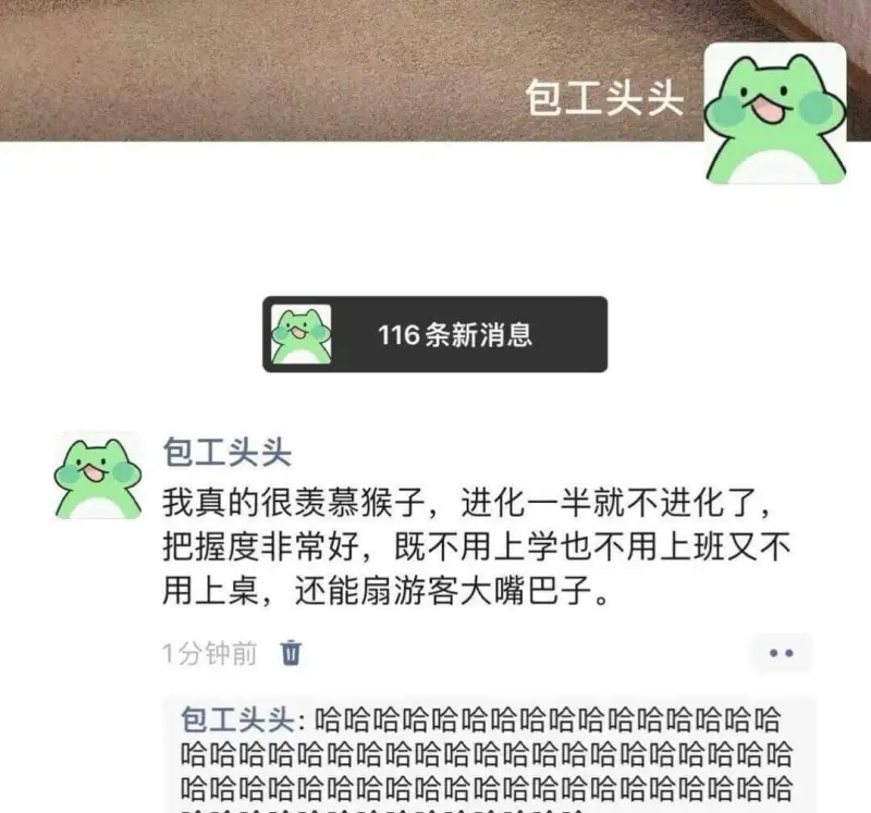 包工头头116条新消息包工头头我真的很羡慕猴子，进化一半就不