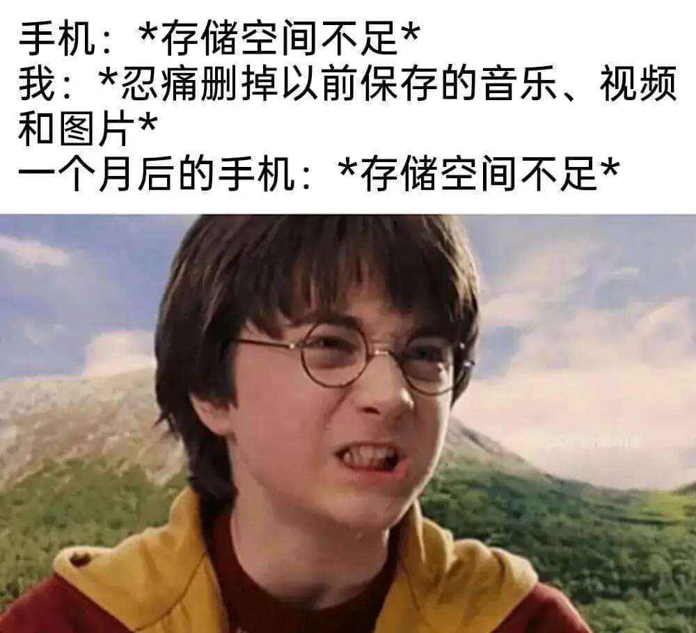 手机：*存储空间不足*我：*忍痛删掉以前保存的音乐、视频和图