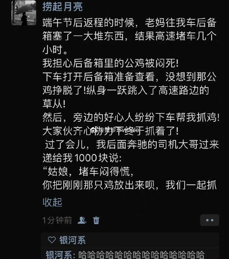 捞起月亮端午节后返程的时候，老妈往我车后备箱塞了一大堆东西，