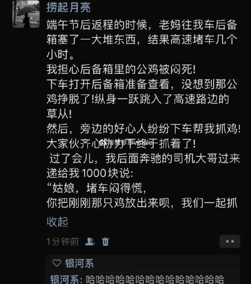 捞起月亮端午节后返程的时候，老妈往我车后备箱塞了一大堆东西，