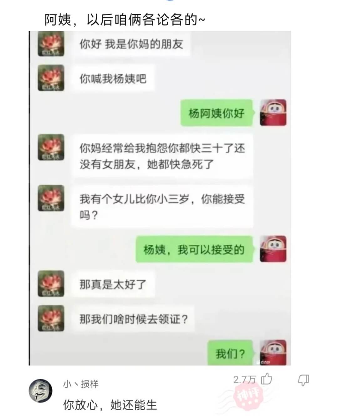 阿姨，以后咱俩各论各的~你好，我是你妈的朋友，你喊我杨姨吧。