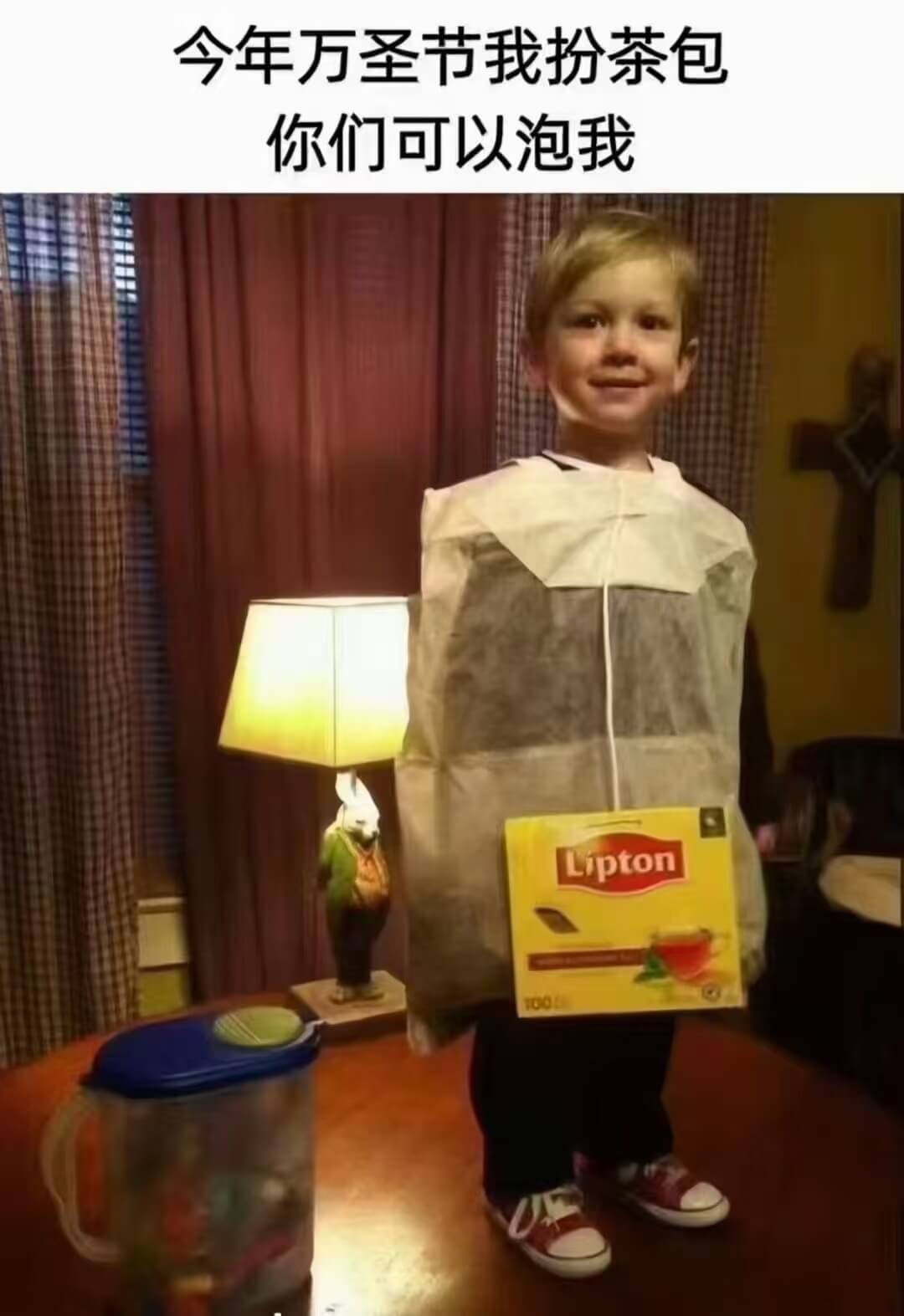 今年万圣节我扮茶包，你们可以泡我。Lipton