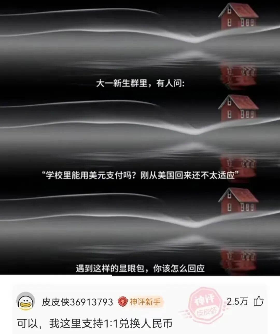 大一新生群里，有人问:“学校里能用美元支付吗?刚从美国回来还