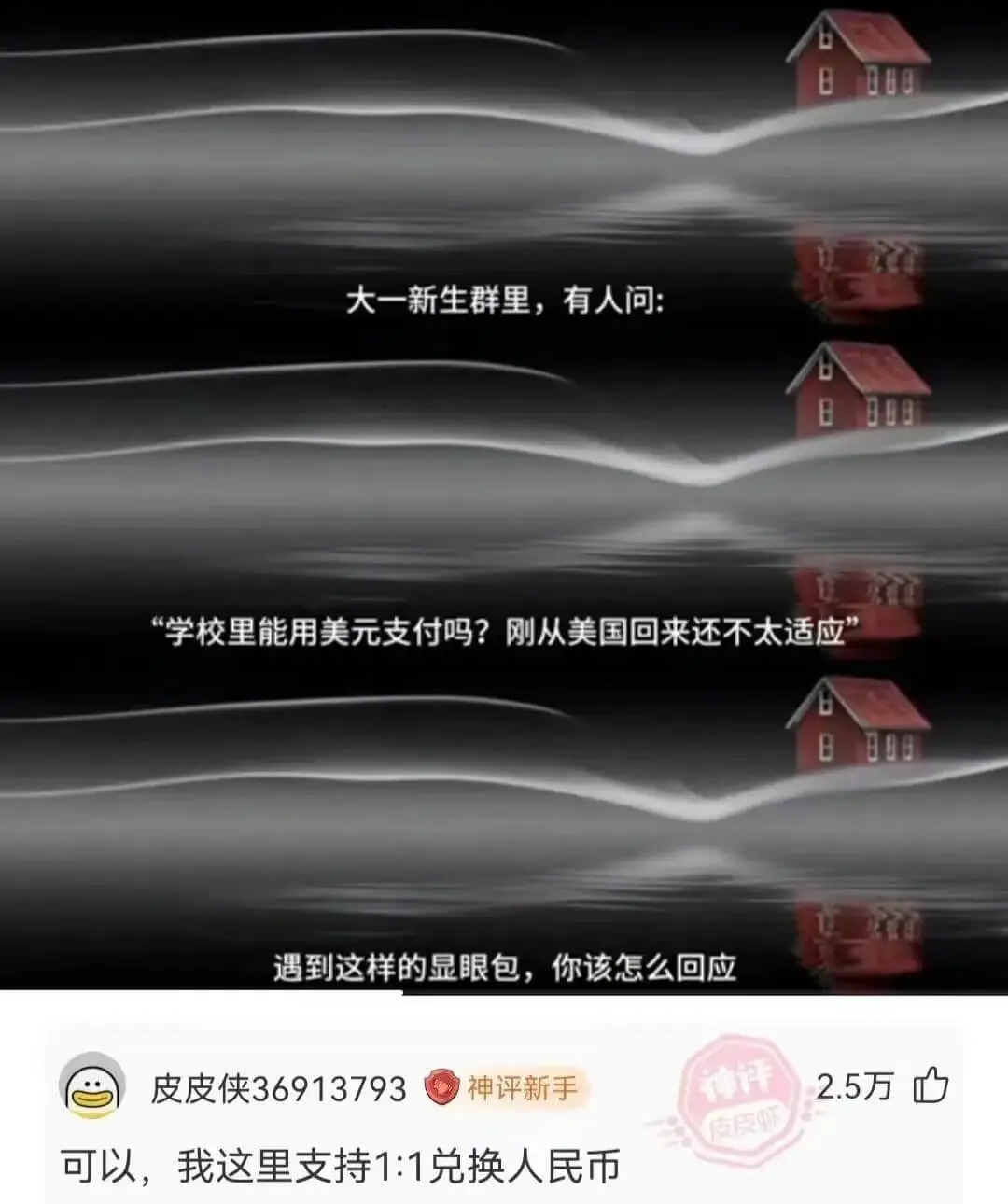 大一新生群里，有人问:“学校里能用美元支付吗?刚从美国回来还