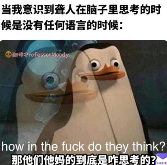 当我意识到聋人在脑子里思考的时候是没有任何语言的时候：翻译：