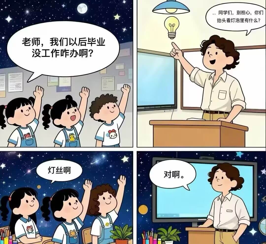 同学们，别担心，你们抬头看灯泡里有什么？老师，我们以后毕业没