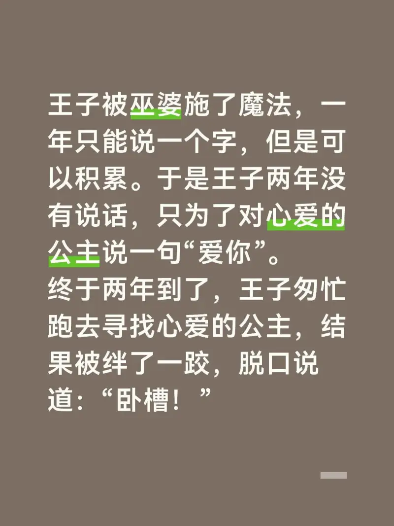 王子被巫婆施了魔法，一年只能说一个字，但是可以积累。于是王子