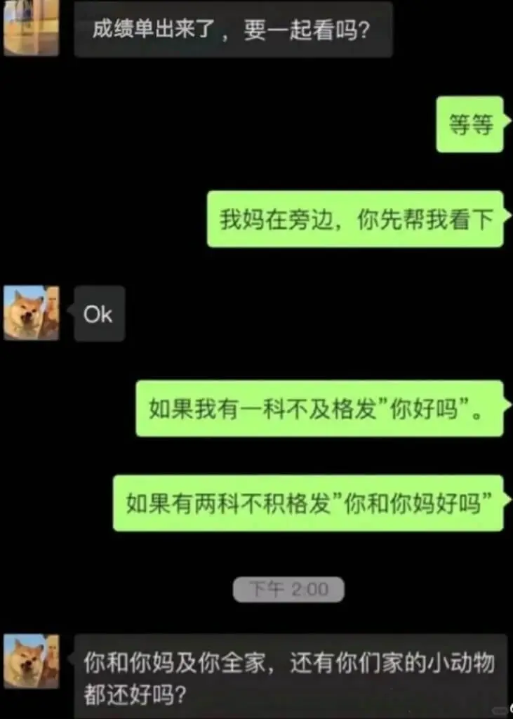 等等我妈在旁边，你先帮我看下Ok如果我有一科不及格发”你好吗