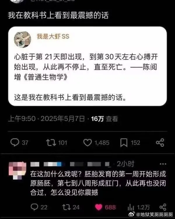 我在教科书上看到最震撼的话我是大虾SS心脏于第21天即出现，