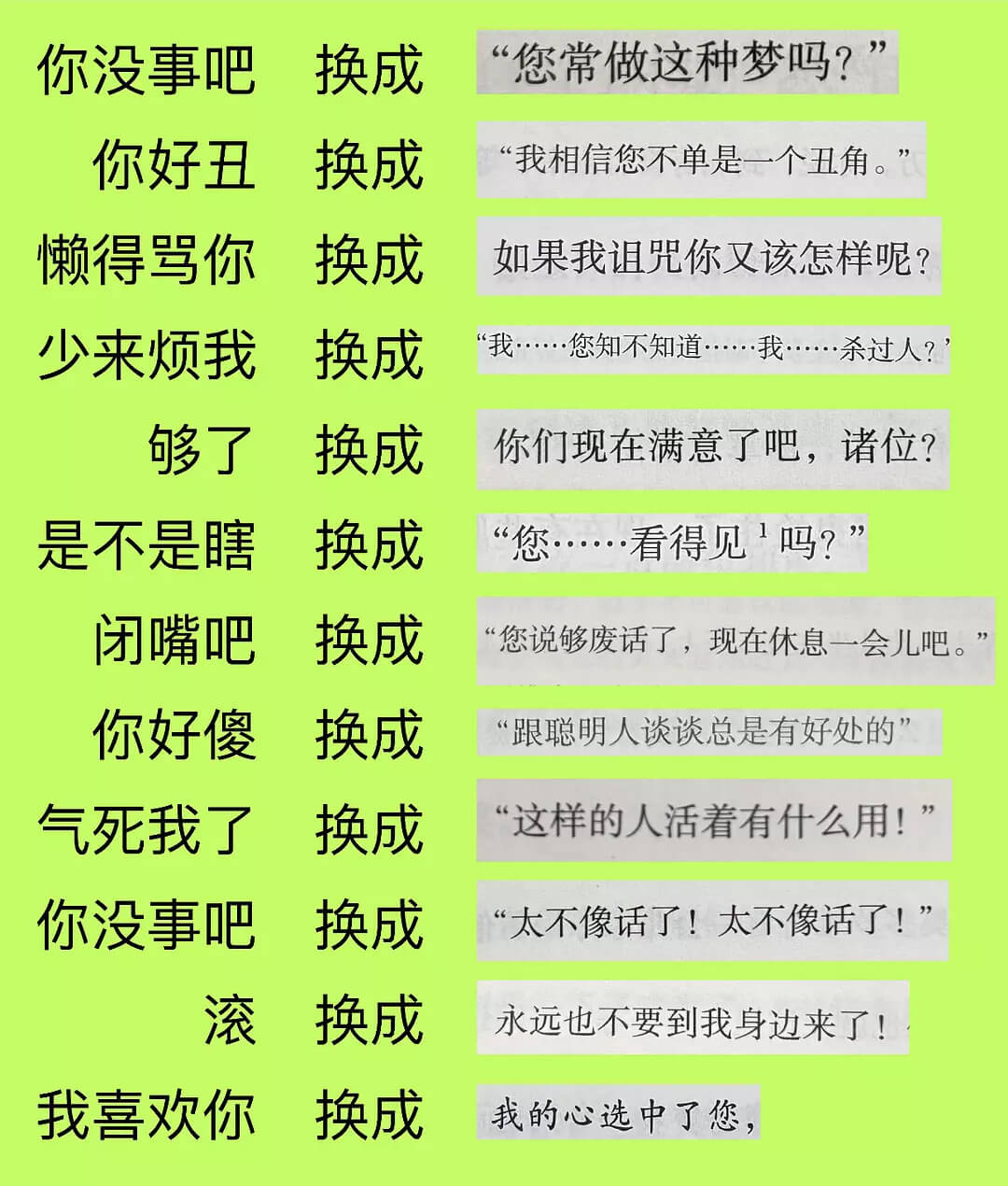 你没事吧换成您常做这种梦吗？你好丑换成我相信您不单是一个丑角