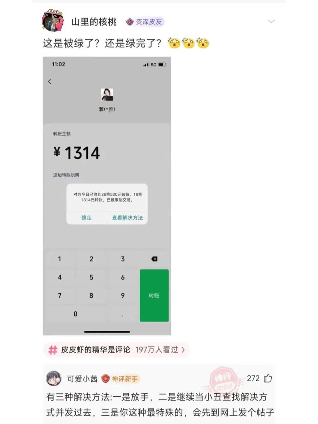 这是被绿了？还是绿完了？11:025G雅(*雅)转账金额￥1
