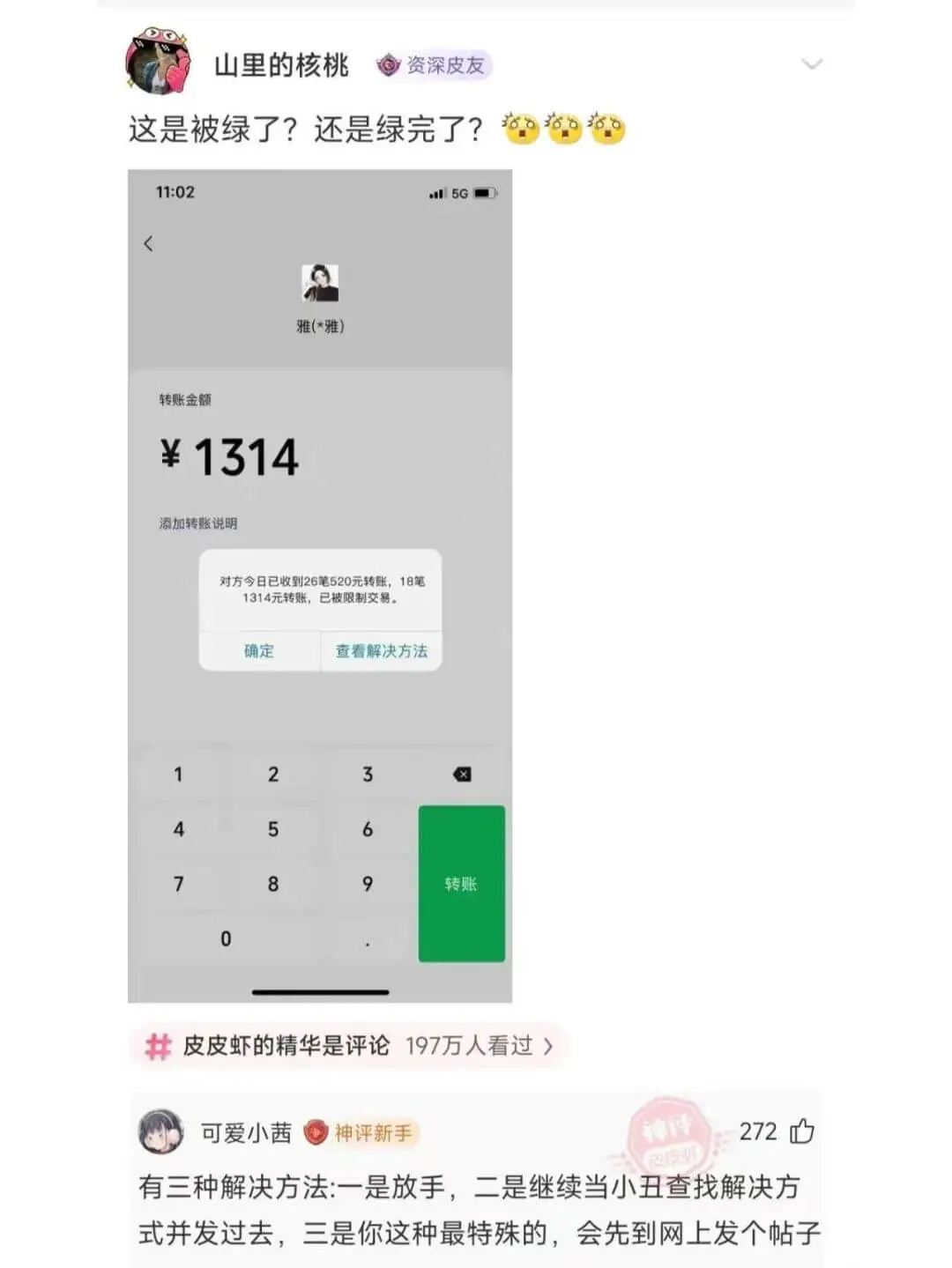 这是被绿了？还是绿完了？11:025G雅(*雅)转账金额￥1