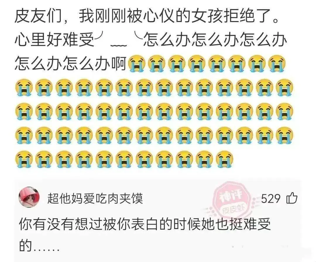 皮友们,我刚刚被心仪的女孩拒绝了。心里好难受怎么办怎么办怎么