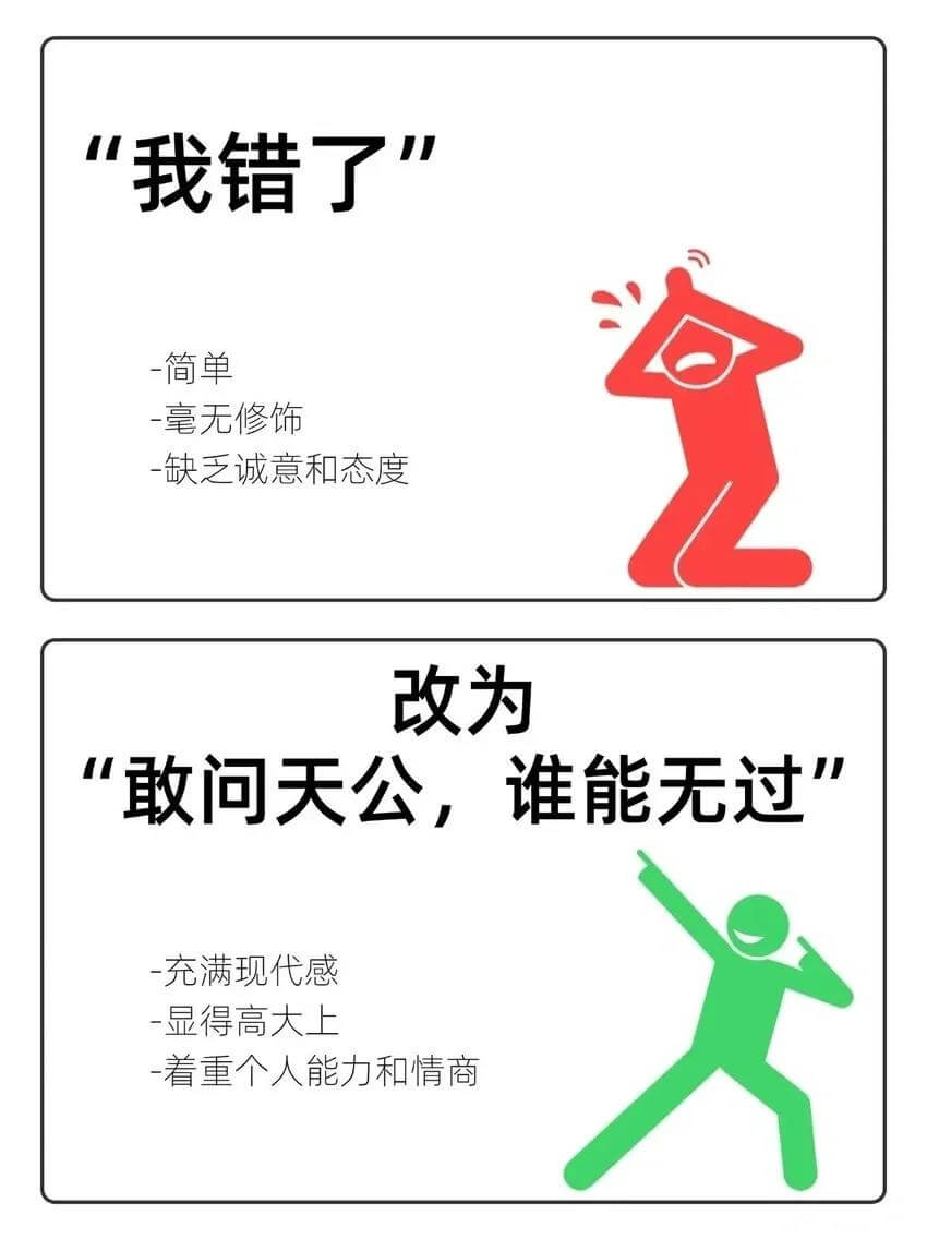 “我错了。”简单、毫无修饰、缺乏诚意和态度。改为：“敢问天公