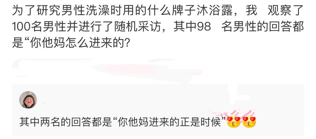 为了研究男性洗澡时用的什么牌子沐浴露，我观察了100名男性并
