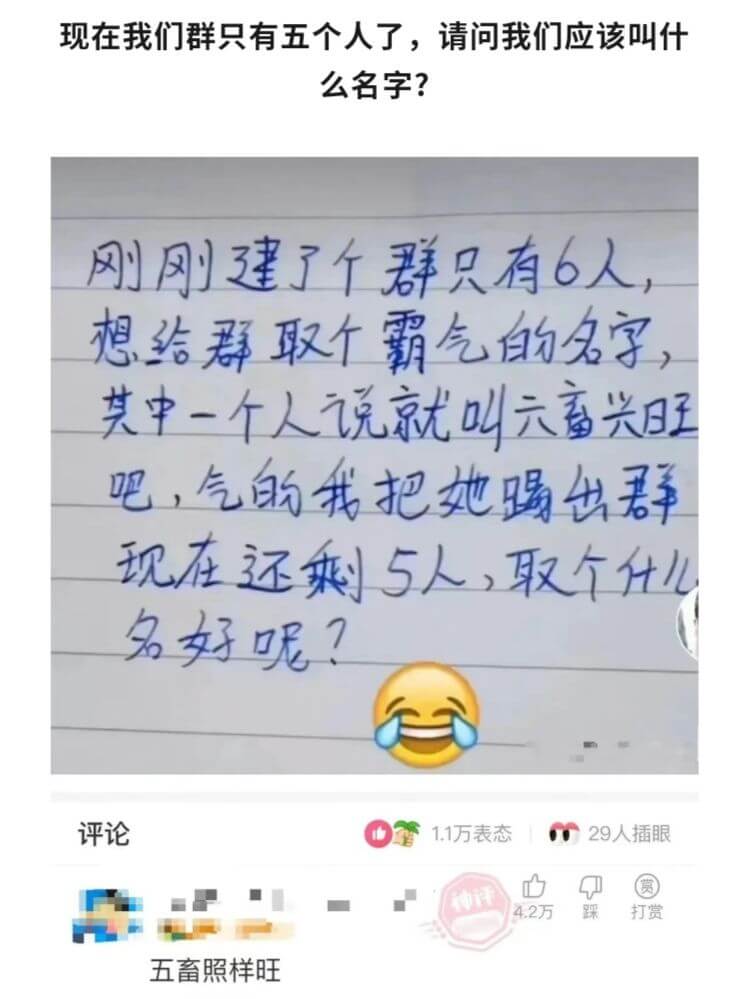 现在我们群只有五个人了,请问我们应该叫什么名字?刚刚建了个群