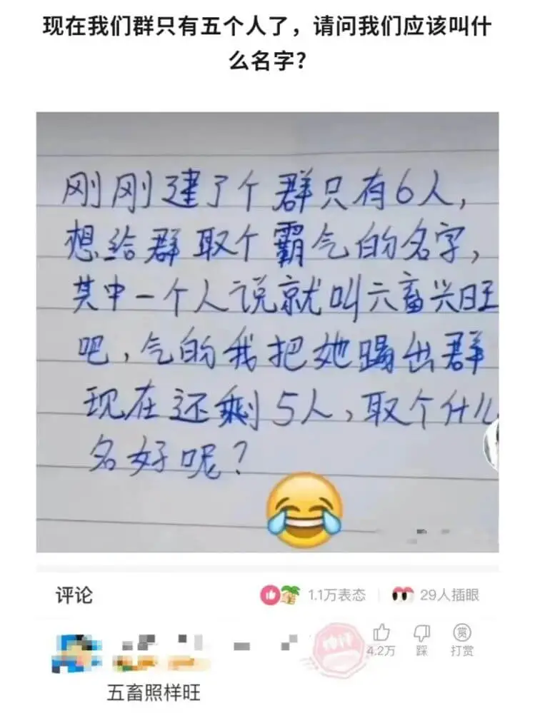 现在我们群只有五个人了,请问我们应该叫什么名字?刚刚建了个群
