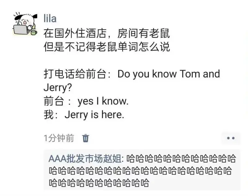 Lila在国外住酒店，房间有老鼠但是不记得老鼠单词怎么说。打