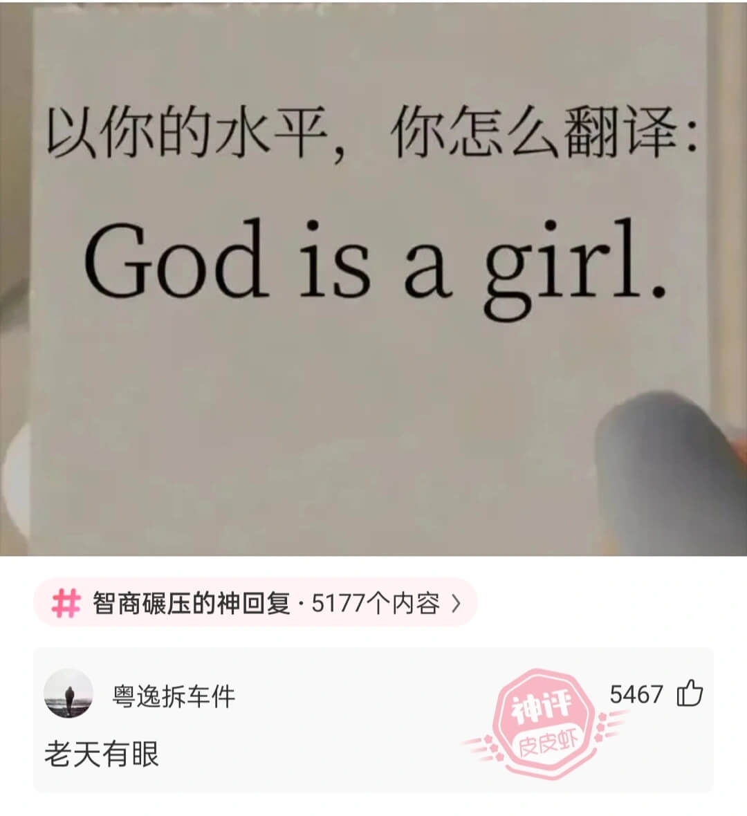 以你的水平,你怎么翻译:Godisagirl.智商碾压的神回