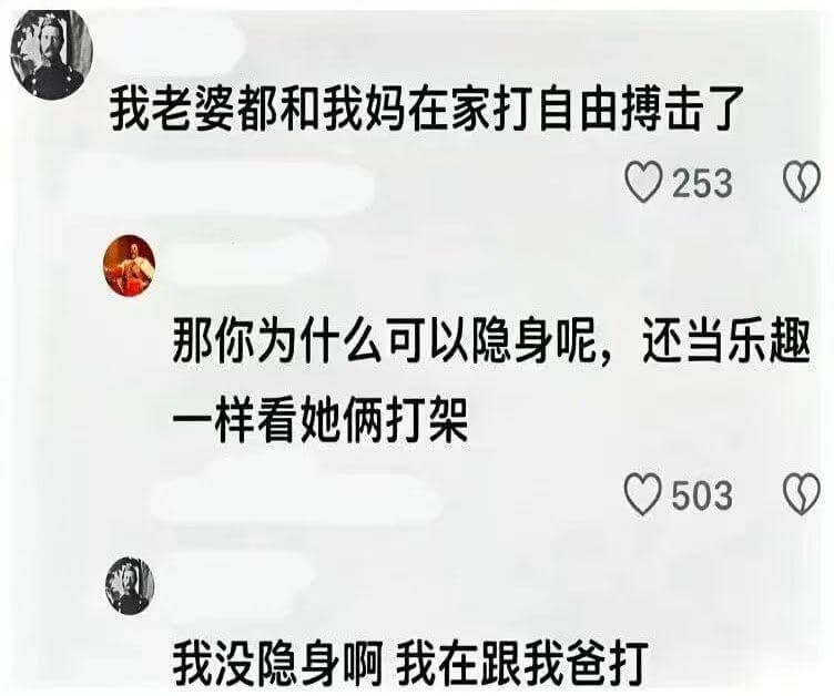 我老婆都和我妈在家打自由搏击了。那你为什么可以隐身呢，还当乐