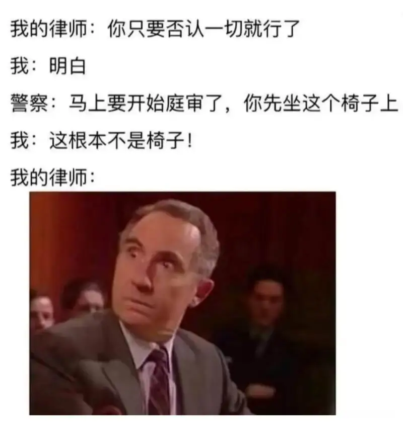 我的律师：你只要否认一切就行了。我：明白。警察：马上要开始庭