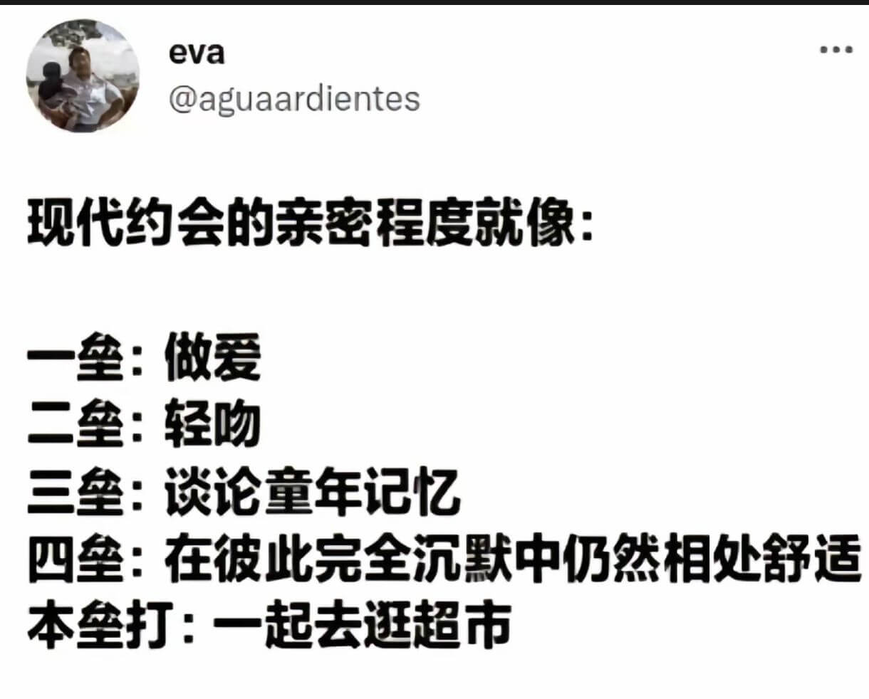eva@aguaardientes现代约会的亲密程度就像：一