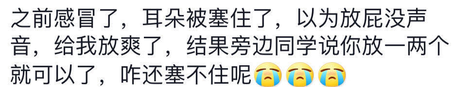 之前感冒了，耳朵被塞住了，以为放屁没声音，给我放爽了，结果旁