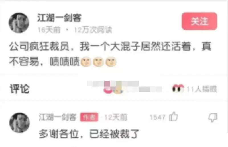 江湖一剑客16天前·12万次阅读关注公司疯狂裁员，我一个大混