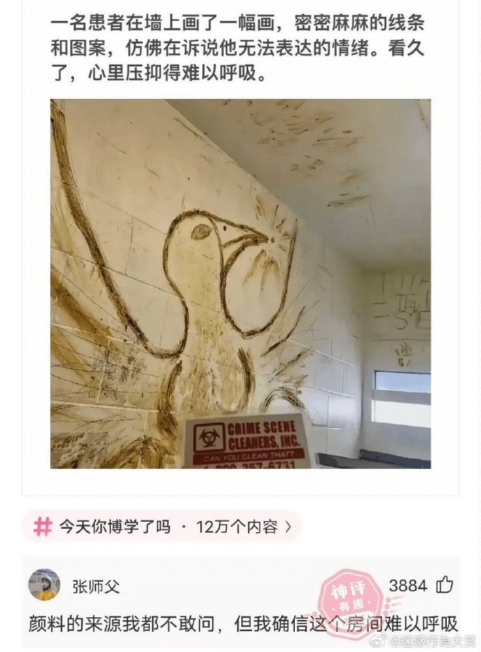 一名患者在墙上画了一幅画，密密麻麻的线条和图案，仿佛在诉说他